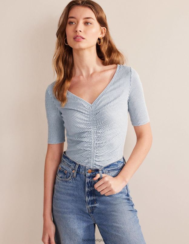 femmes Boden rayure bleu marine/blanc haut froncé sur le devant en seersucker vêtements Z42D02266