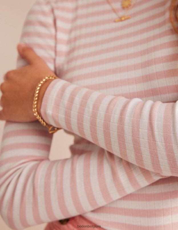 femmes Boden rayure ivoire et peau de pêche t-shirt ras du cou côtelé Anna vêtements Z42D0201