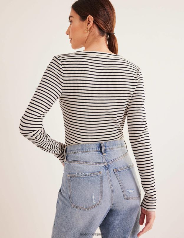 femmes Boden rayure ivoire/marine Henley ajusté côtelé à rayures vêtements Z42D01571