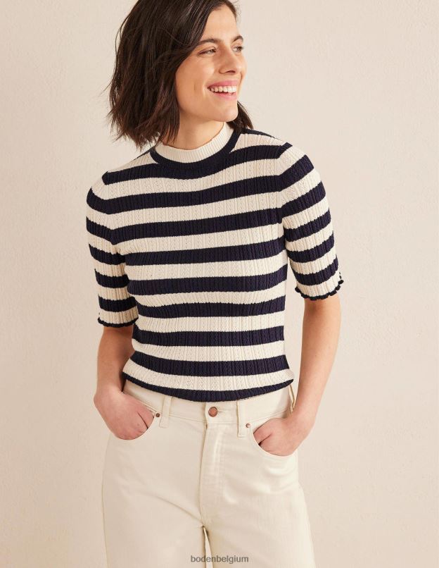 femmes Boden rayures bleu marine et ivoire haut côtelé à col montant en pointelle vêtements Z42D01503