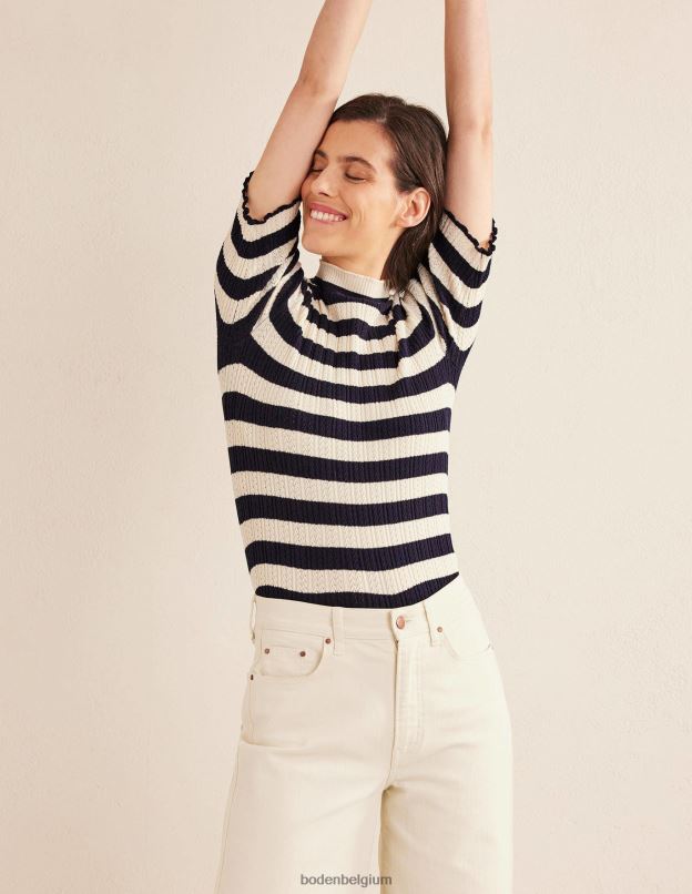 femmes Boden rayures bleu marine et ivoire haut côtelé à col montant en pointelle vêtements Z42D01503