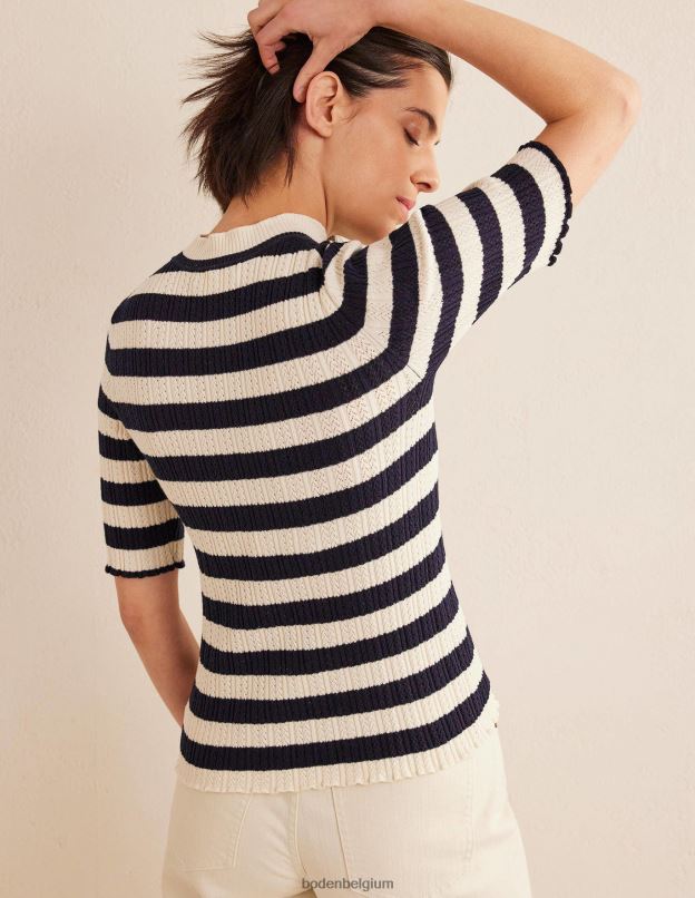 femmes Boden rayures bleu marine et ivoire haut côtelé à col montant en pointelle vêtements Z42D01503