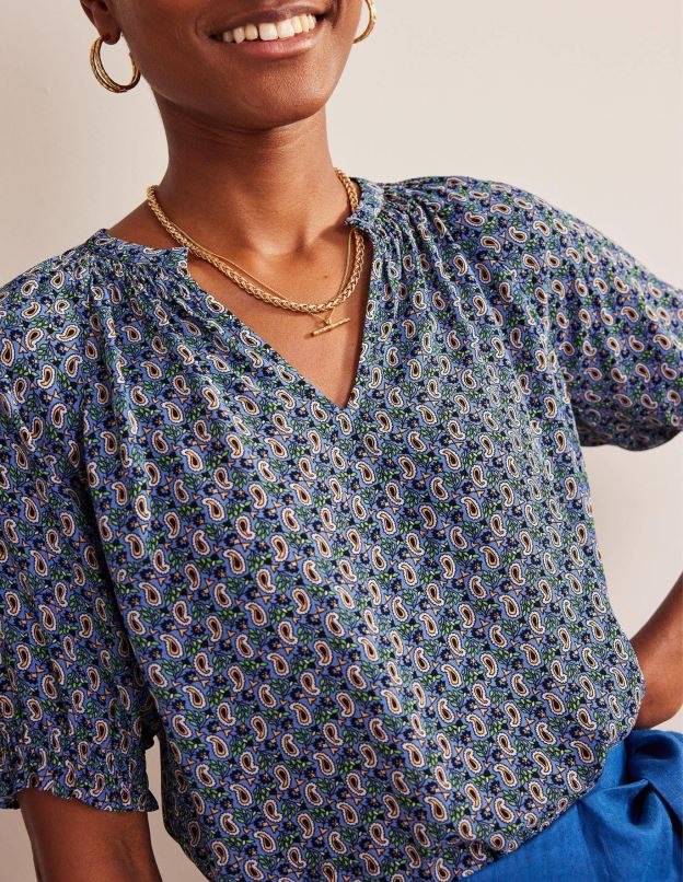 femmes Boden tige bleue et cachemire haut à manches courtes et col froncé vêtements Z42D0114