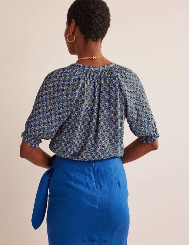 femmes Boden tige bleue et cachemire haut à manches courtes et col froncé vêtements Z42D0114