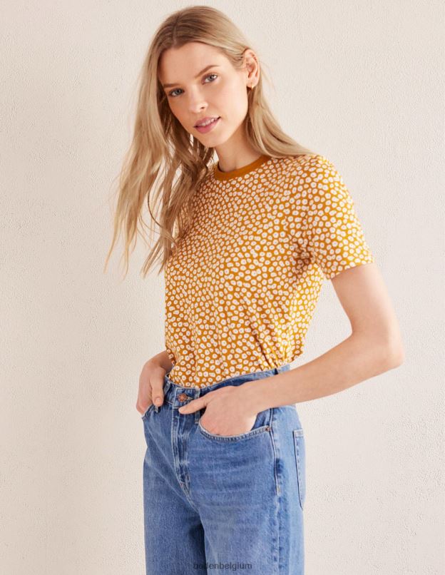 femmes Boden timbre de récolte d'or et de pivoine t-shirt imprimé à col rond vêtements Z42D01964