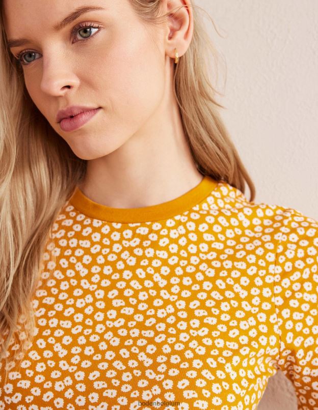 femmes Boden timbre de récolte d'or et de pivoine t-shirt imprimé à col rond vêtements Z42D01964
