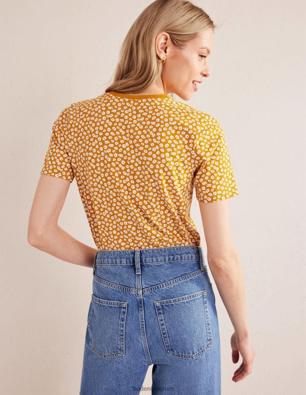 femmes Boden timbre de récolte d'or et de pivoine t-shirt imprimé à col rond vêtements Z42D01964