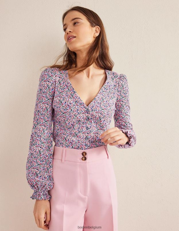 femmes Boden toile multi & pétales haut à col en V boutonné sur le devant vêtements Z42D01705