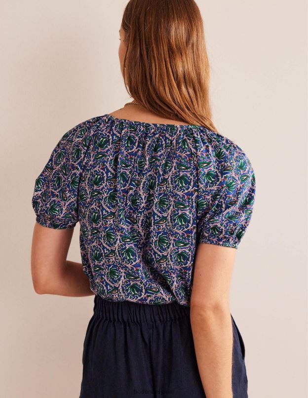 femmes Boden vague bleue et vigne botanique haut fluide en jersey à col V vêtements Z42D0108