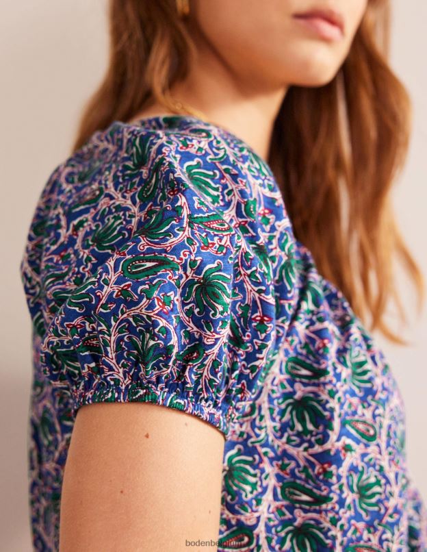 femmes Boden vague bleue et vigne botanique haut fluide en jersey à col V vêtements Z42D0108