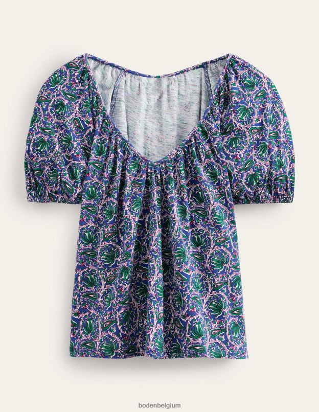 femmes Boden vague bleue et vigne botanique haut fluide en jersey à col V vêtements Z42D0108