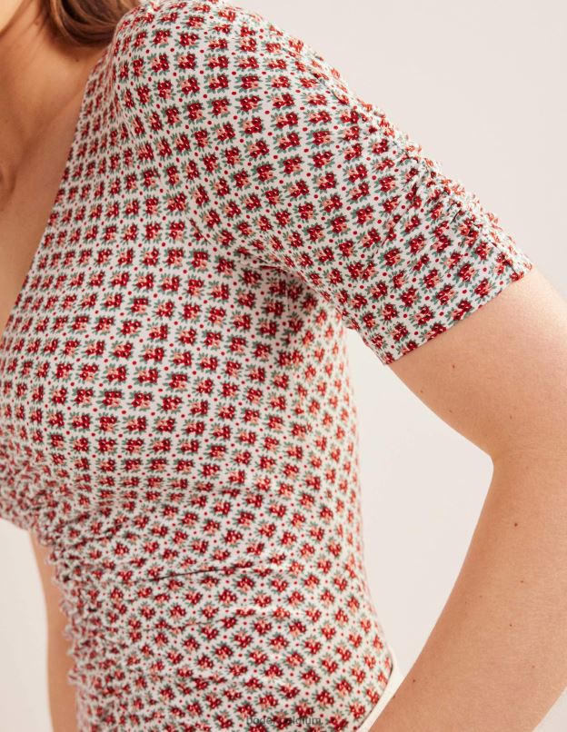 femmes Boden vermillon et bourgeon fleuri haut imprimé froncé sur le devant vêtements Z42D01572