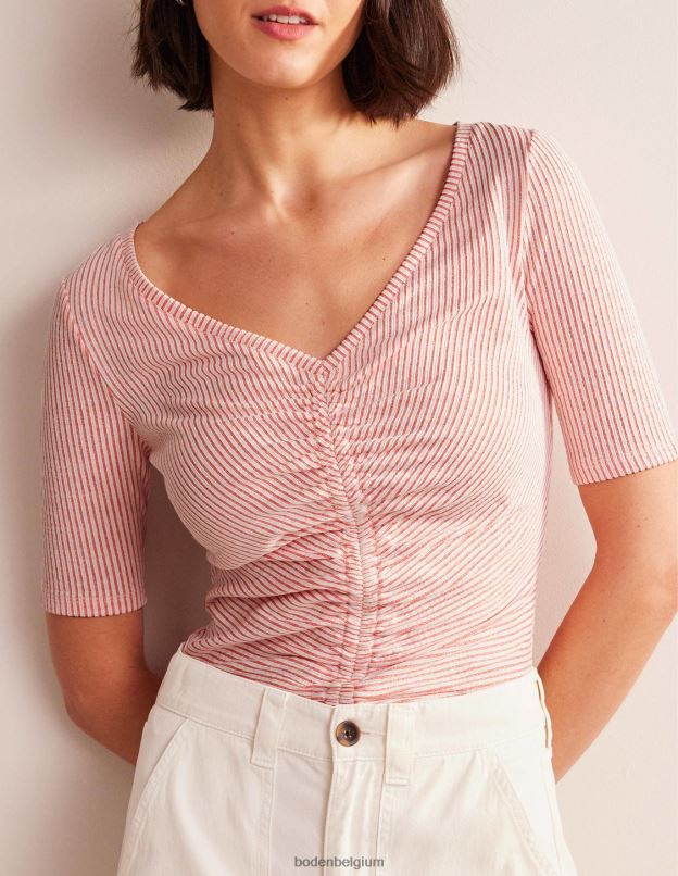 femmes Boden vermillon/rayure blanche haut froncé sur le devant en seersucker vêtements Z42D01775