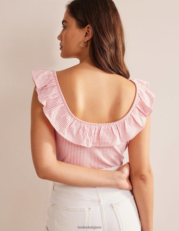femmes Boden vermillon/rayure blanche haut rayé à volants en seersucker vêtements Z42D02170