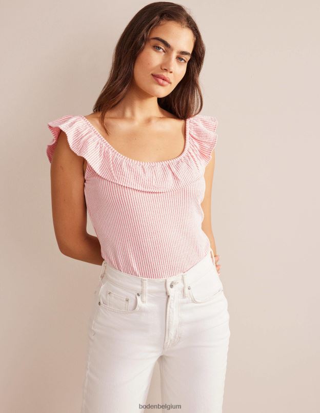 femmes Boden vermillon/rayure blanche haut rayé à volants en seersucker vêtements Z42D02170