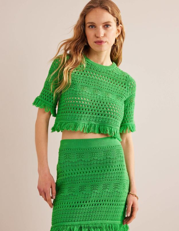 femmes Boden vert clair t-shirt court au crochet à franges vêtements Z42D01059