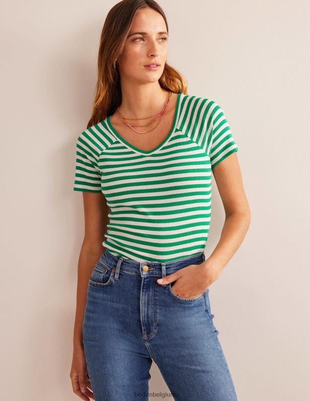 femmes Boden vert prairie & rayure ivoire t-shirt côtelé à col en V Anna vêtements Z42D0198