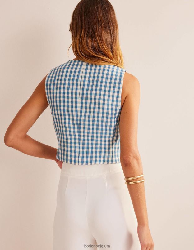 femmes Boden vichy bleu et blanc gilet en lin sur mesure vêtements Z42D02564