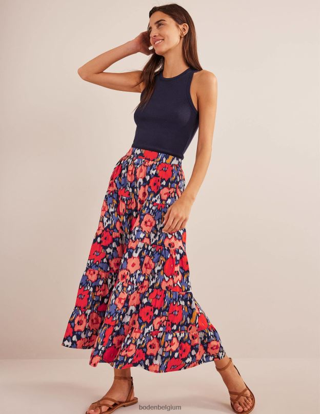femmes Boden grand coquelicot bleu marine et abstrait jupe midi en popeline à volants vêtements Z42D01516