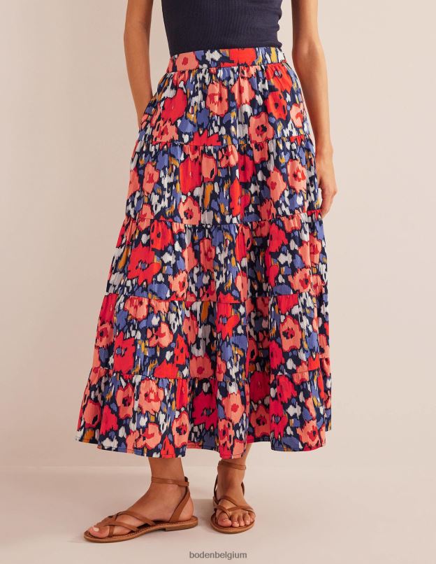 femmes Boden grand coquelicot bleu marine et abstrait jupe midi en popeline à volants vêtements Z42D01516