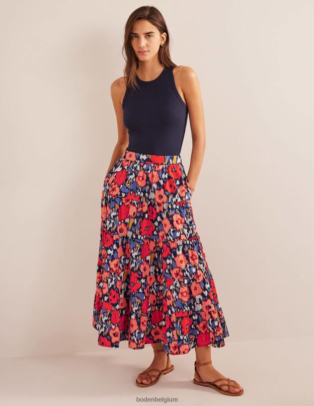 femmes Boden grand coquelicot bleu marine et abstrait jupe midi en popeline à volants vêtements Z42D01516