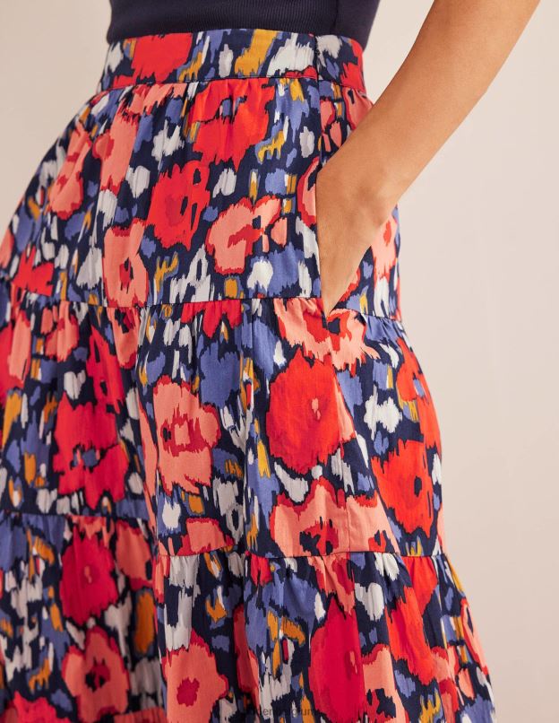 femmes Boden grand coquelicot bleu marine et abstrait jupe midi en popeline à volants vêtements Z42D01516