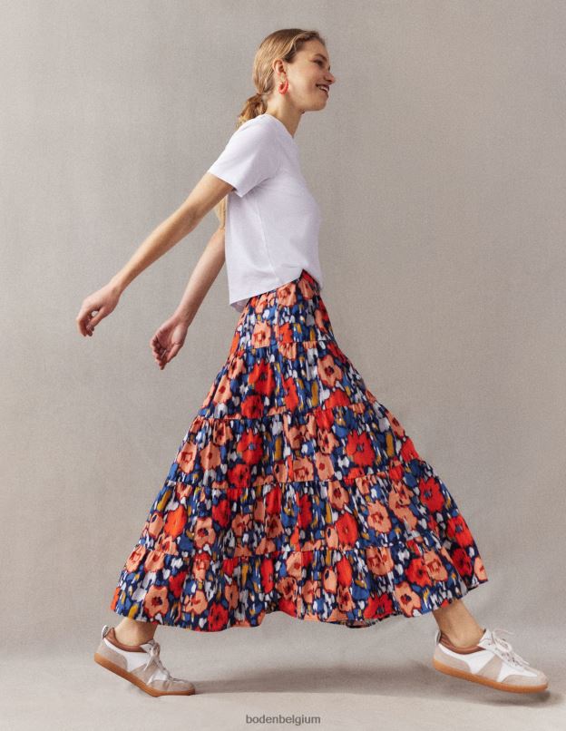 femmes Boden grand coquelicot bleu marine et abstrait jupe midi en popeline à volants vêtements Z42D01516