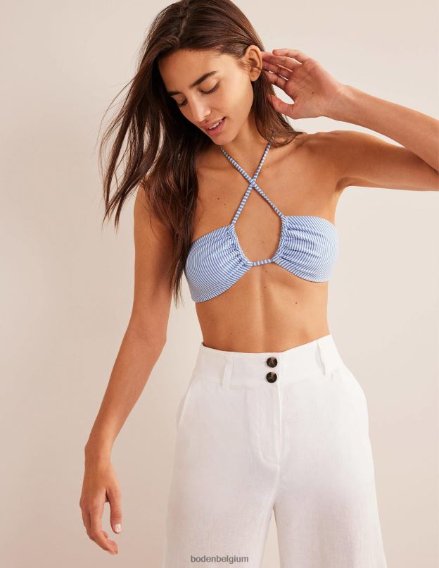 femmes Boden rayure seersucker bleue et ivoire bikini à fronces et string découpé vêtements Z42D01908