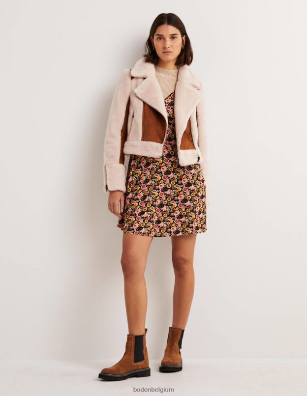 femmes Boden peau de mouton noisette veste motard en fausse peau lainée vêtements Z42D01968