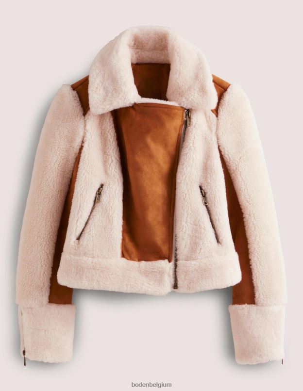 femmes Boden peau de mouton noisette veste motard en fausse peau lainée vêtements Z42D01968