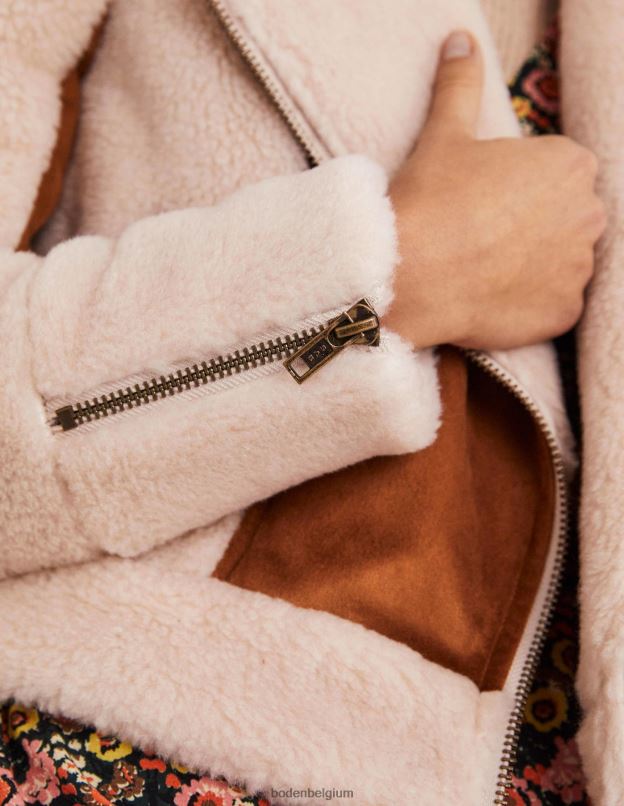 femmes Boden peau de mouton noisette veste motard en fausse peau lainée vêtements Z42D01968