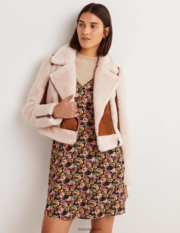 femmes Boden peau de mouton noisette veste motard en fausse peau lainée vêtements Z42D01968