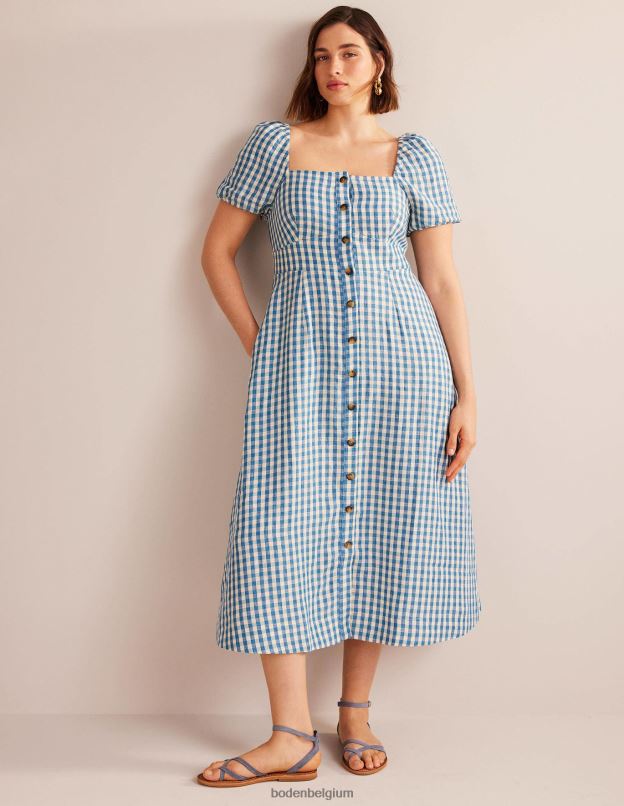 femmes Boden bleu delphinium & vichy robe midi en lin à encolure carrée vêtements Z42D065