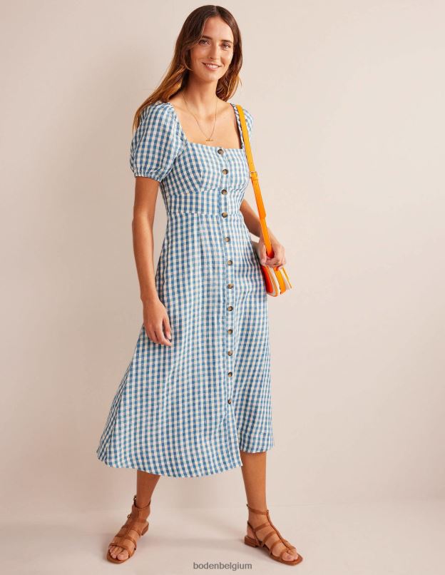 femmes Boden bleu delphinium & vichy robe midi en lin à encolure carrée vêtements Z42D065