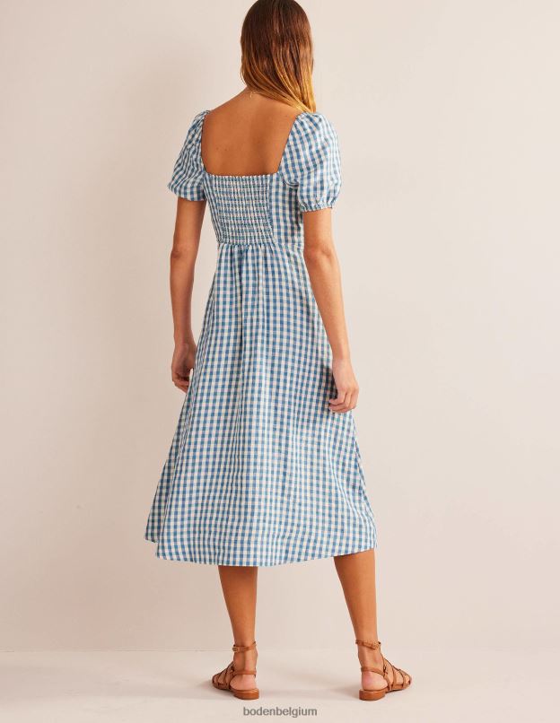 femmes Boden bleu delphinium & vichy robe midi en lin à encolure carrée vêtements Z42D065