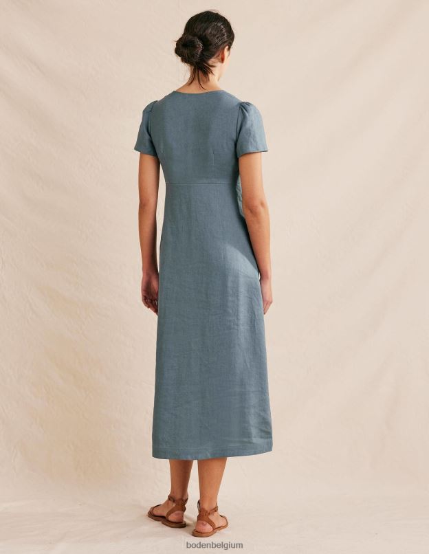 femmes Boden bleu profond robe mi-longue en lin nouée sur le devant vêtements Z42D0586