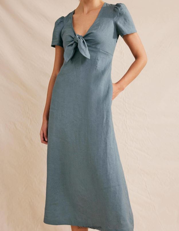 femmes Boden bleu profond robe mi-longue en lin nouée sur le devant vêtements Z42D0586