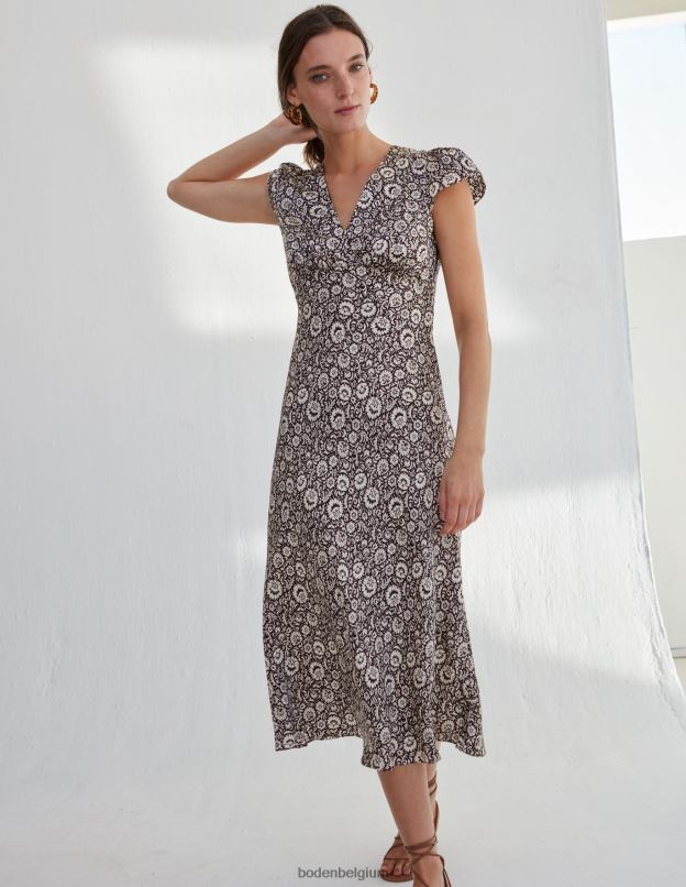 femmes Boden bordeaux foncé et cascade de fleurs robe empire mi-longue en satin vêtements Z42D02150