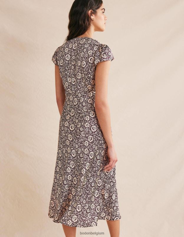 femmes Boden bordeaux foncé et cascade de fleurs robe empire mi-longue en satin vêtements Z42D02150