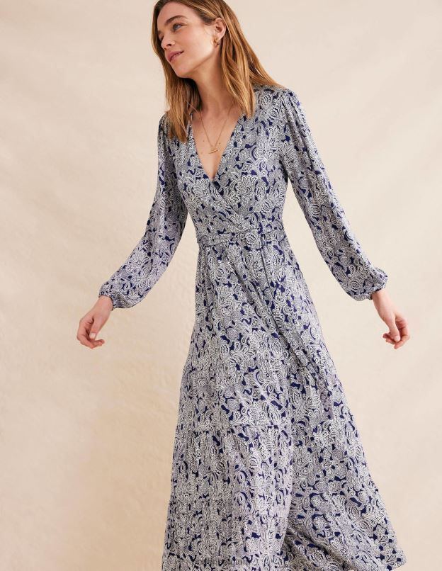 femmes Boden bouton bleu de Prusse et cachemire robe longue portefeuille à plusieurs niveaux vêtements Z42D01009