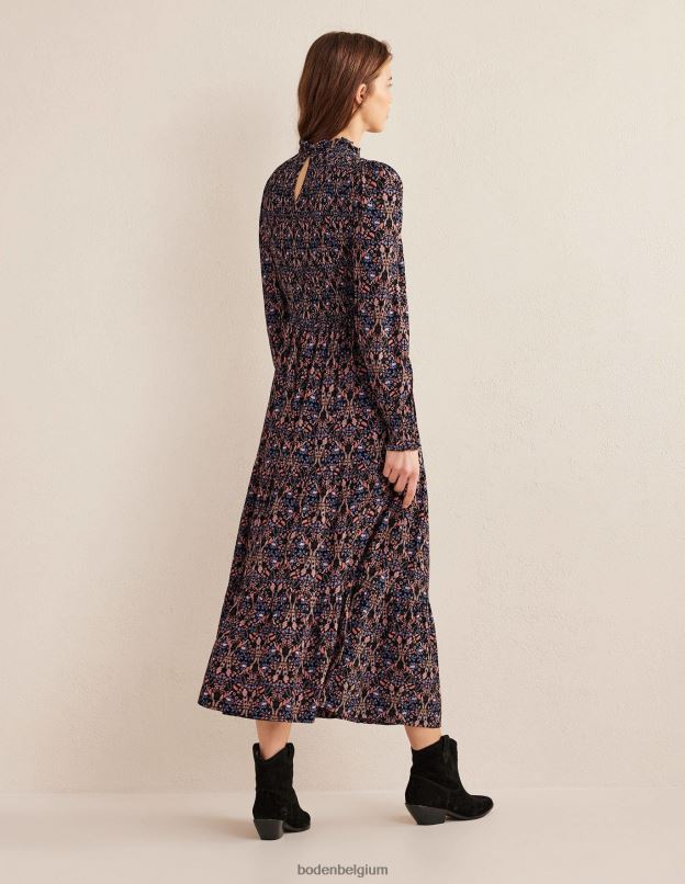 femmes Boden feuillage noir et exotique robe midi à volants et smocks vêtements Z42D0987