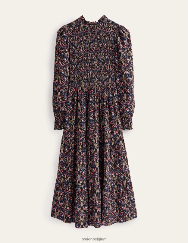femmes Boden feuillage noir et exotique robe midi à volants et smocks vêtements Z42D0987
