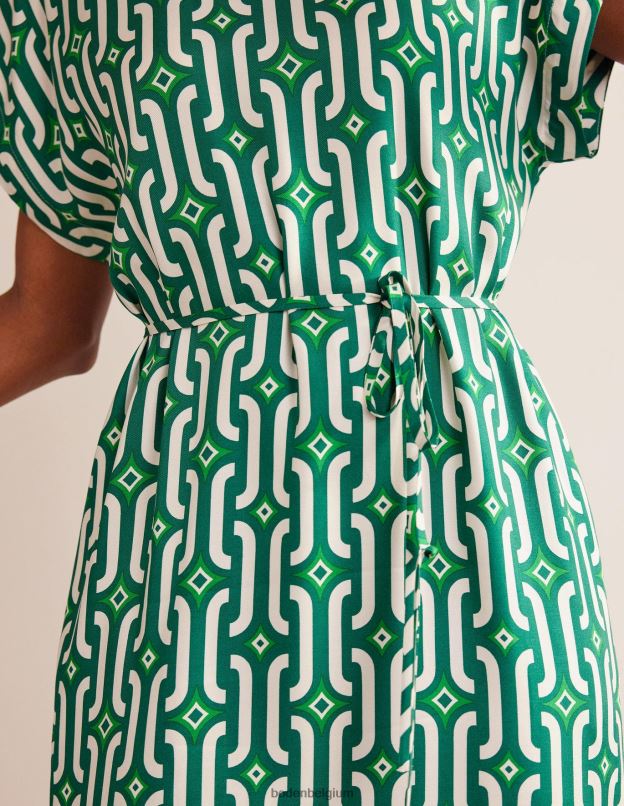 femmes Boden géo émeraude et azur brillant robe mi-longue colonne à manches courtes vêtements Z42D022