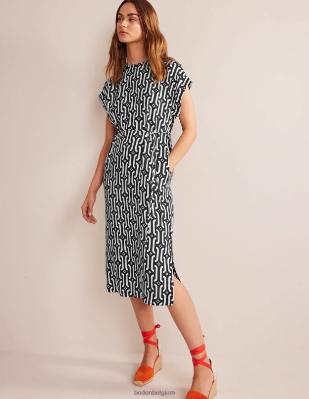 femmes Boden géo noir et azur robe mi-longue colonne à manches courtes vêtements Z42D077