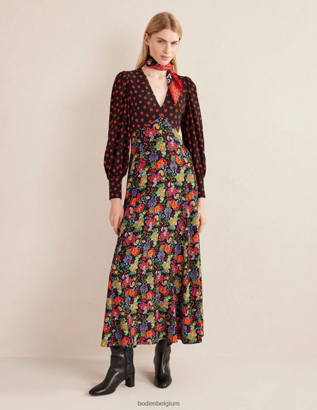 femmes Boden jardin noir et œillets robe longue à manches blousantes vêtements Z42D01088