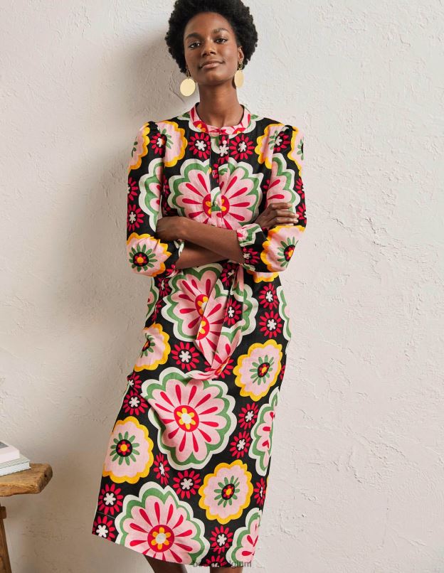 femmes Boden marguerite noire et opulente robe-chemise mi-longue en lin vêtements Z42D02407