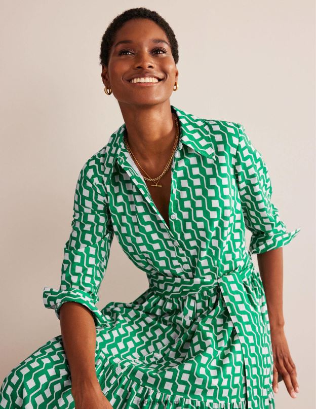 femmes Boden émeraude brillante et géo cube robe chemise longue en coton à volants vêtements Z42D020