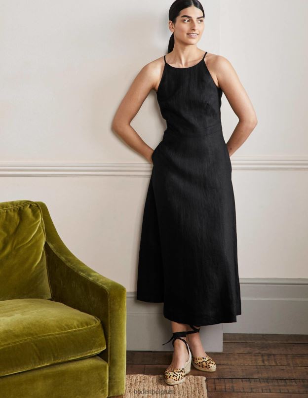 femmes Boden noir robe midi dos nu en lin vêtements Z42D079