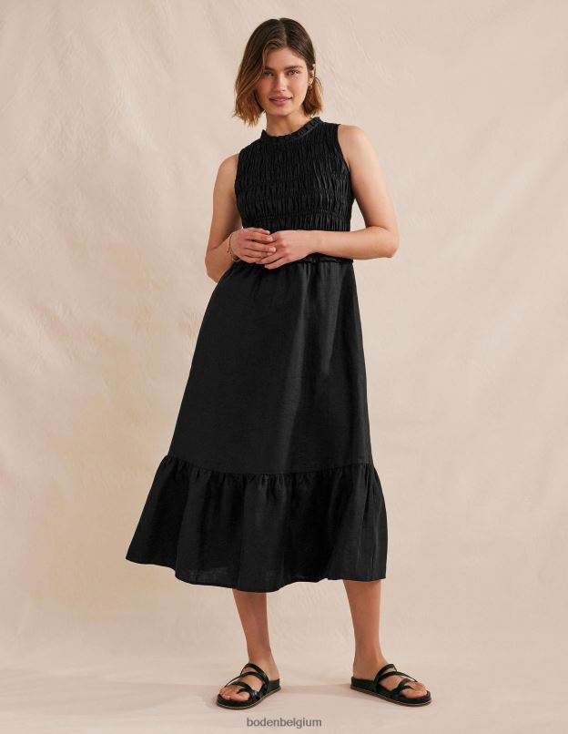 femmes Boden noir robe midi en lin à smocks vêtements Z42D076
