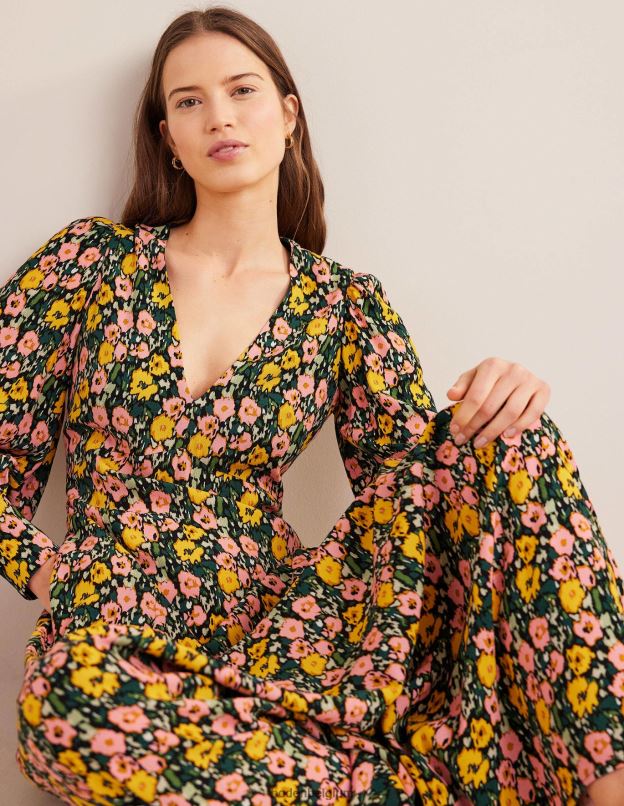 femmes Boden nuit d'émeraude et coquelicot abstrait robe longue à manches blousantes vêtements Z42D02439